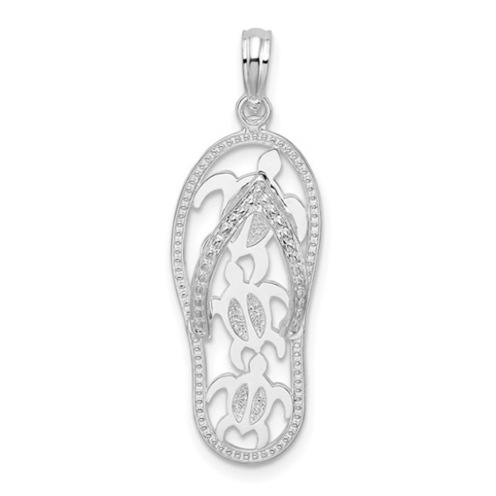 925 Sterling Silver Large Flip-Flop 3 Turtle Cut-out 3-D Necklace Charm Pendant